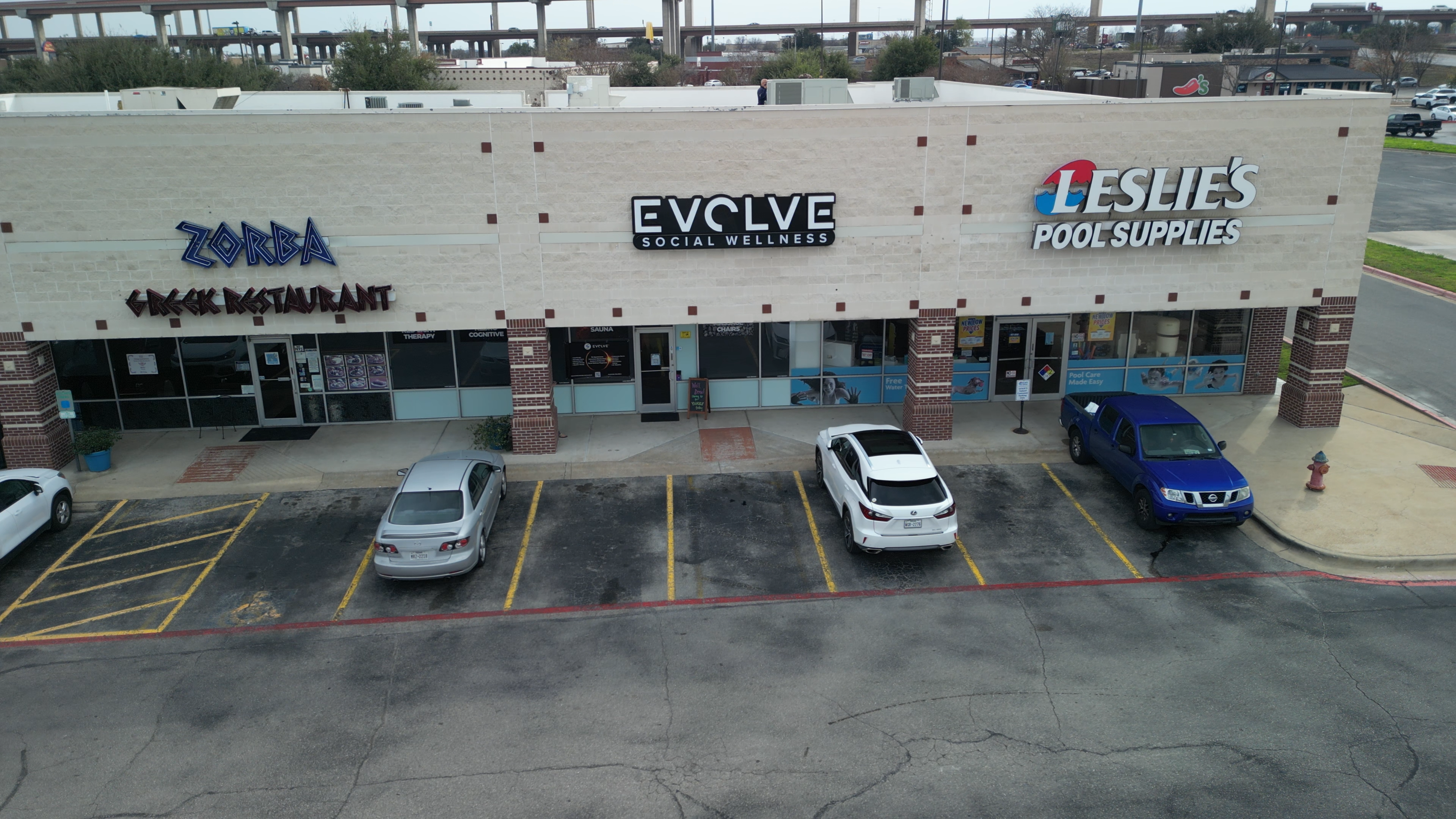 Wide aerial view of Evolve Social Wellness Space Round Rock facility