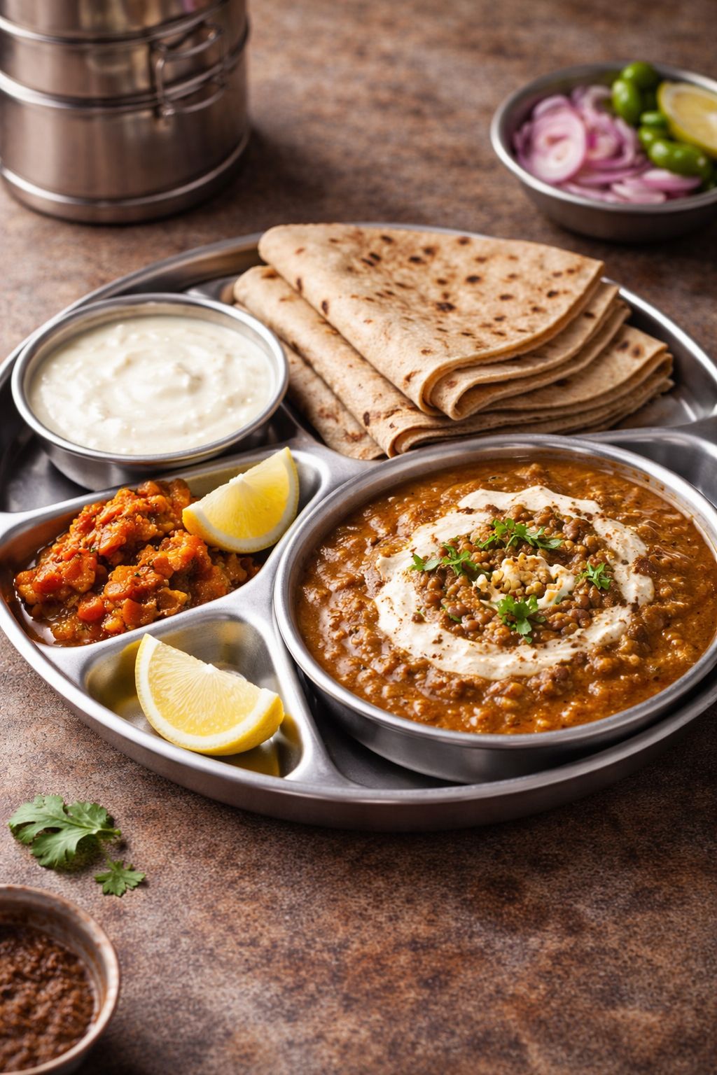Fresh home-style vegetarian tiffin meal