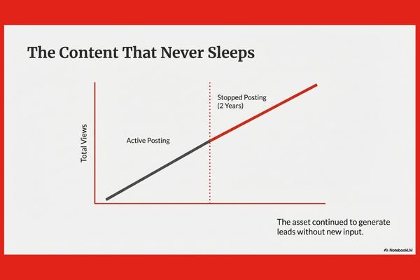 Line graph comparing YouTube content views during active posting versus two years after stopping, showing the channel continued generating leads without new input — illustrating how YouTube videos outlast paid ads.