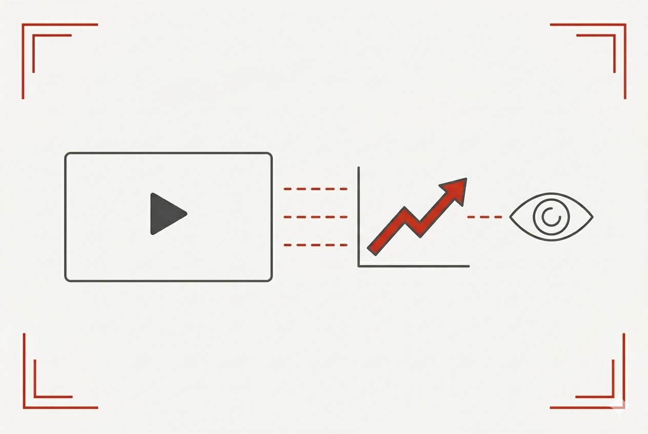 A diagram showing a video play button connected to a growth chart and an eye icon, representing the tracking of video views and analytics.