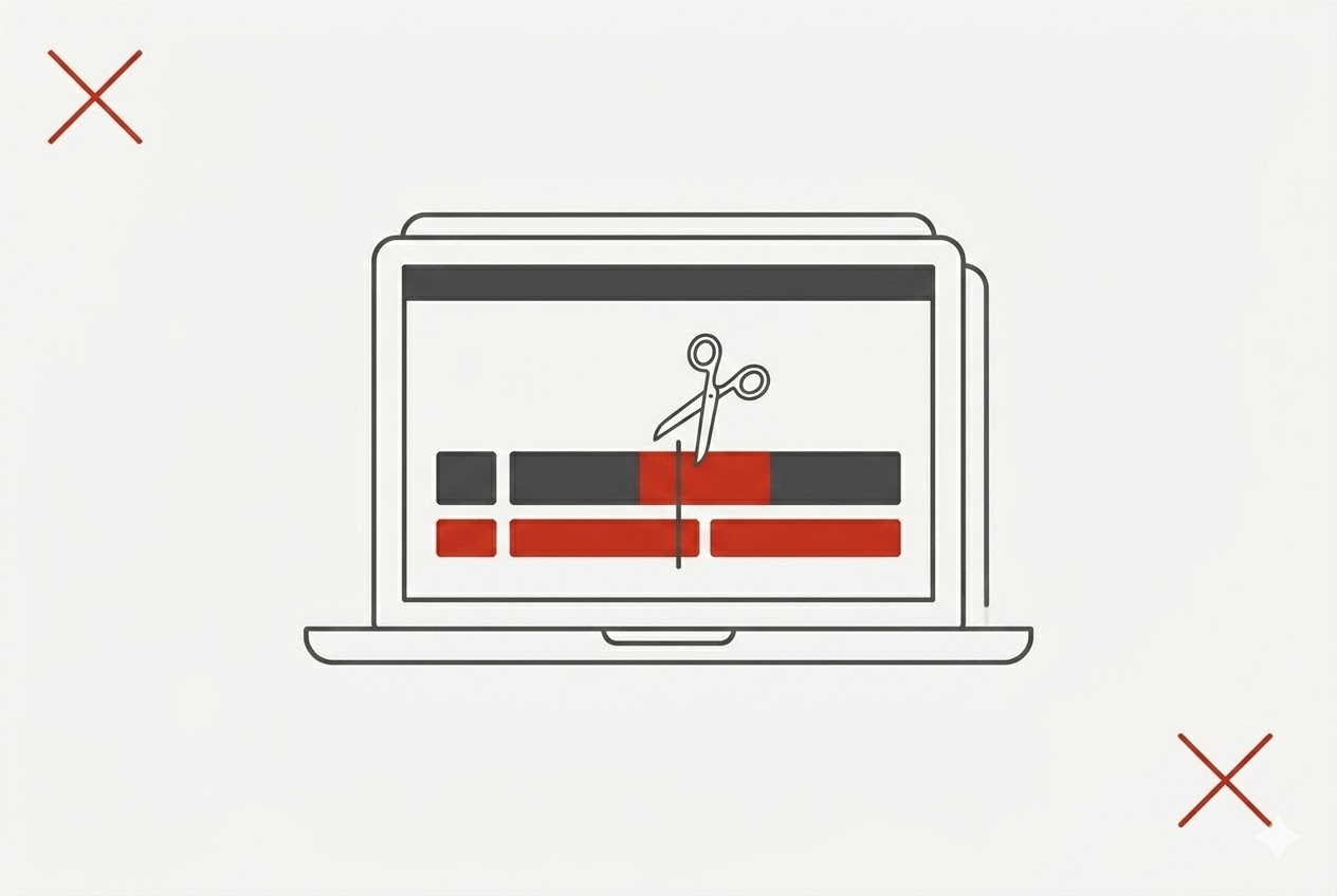 A minimalist illustration of a laptop screen displaying a simple video editing timeline and a pair of scissors, representing easy and affordable video editing.