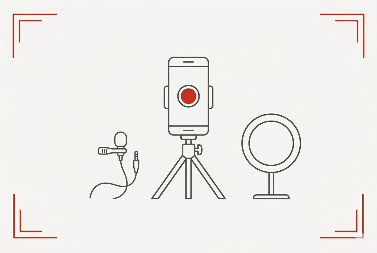 A line art illustration of a smartphone mounted on a tripod with a small microphone and ring light, showing the simple equipment needed to start video marketing.