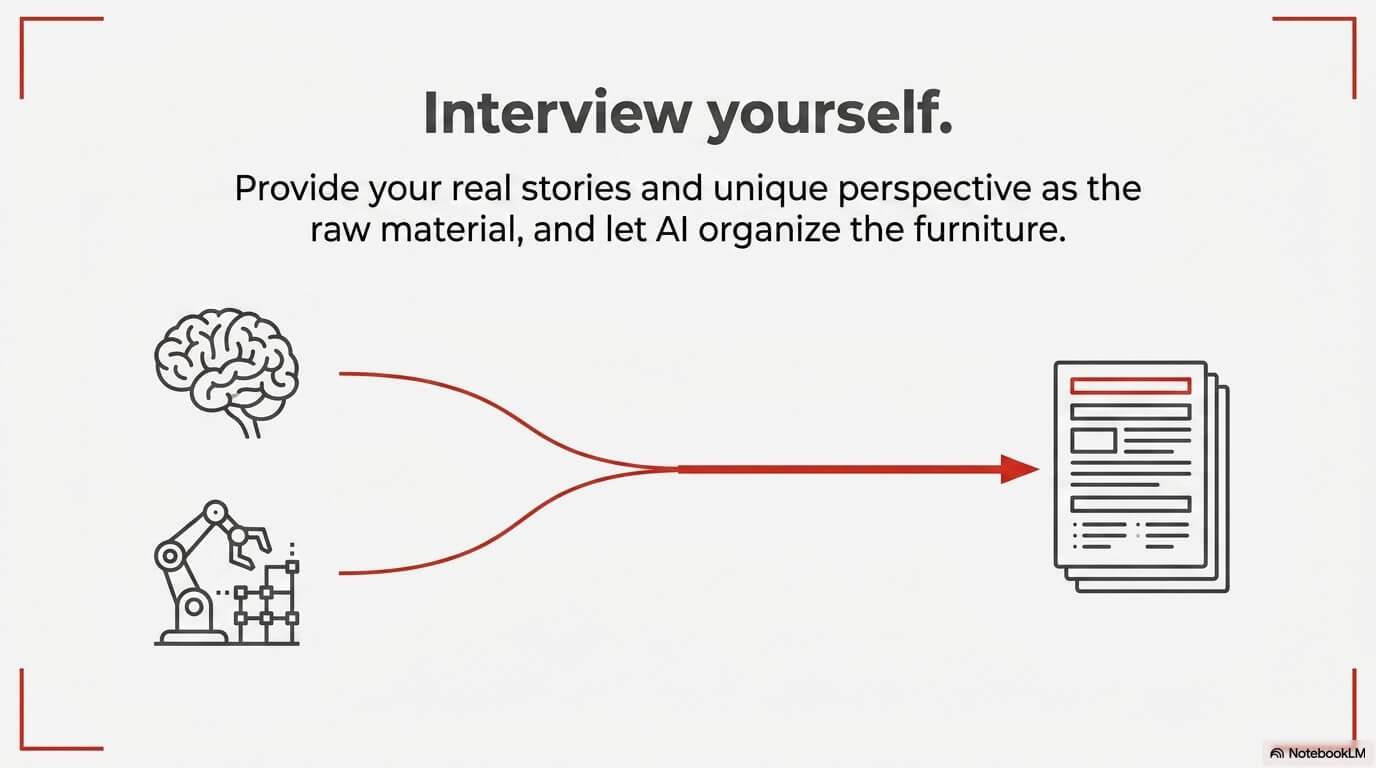 illustration showing to avoid canned, generic blog posts have AI interview you about your experience with the topic.