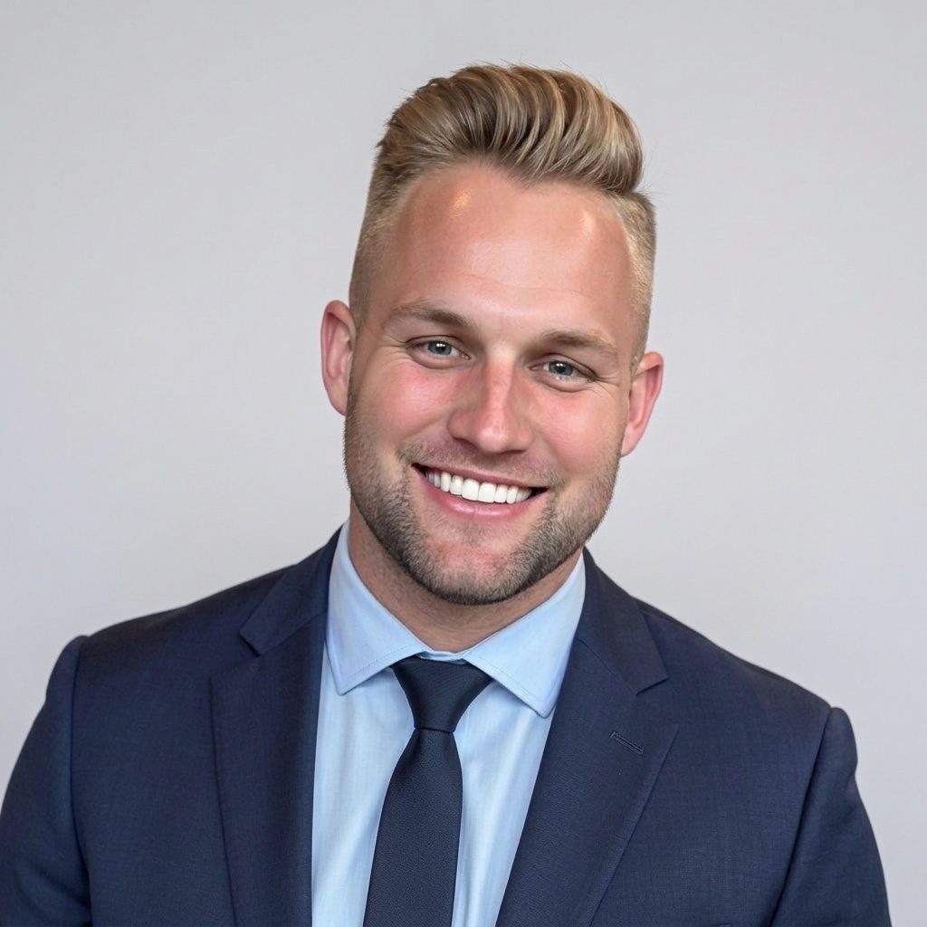 Blake Erickson headshot in a navy suit and light blue shirt