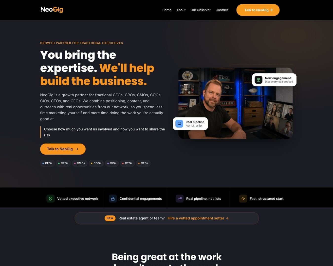 NeoGig website homepage for fractional executives
