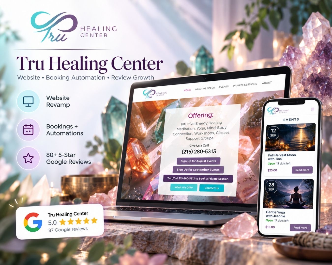 Tru Healing Center website on laptop and phone, with booking automation and 5-star Google reviews