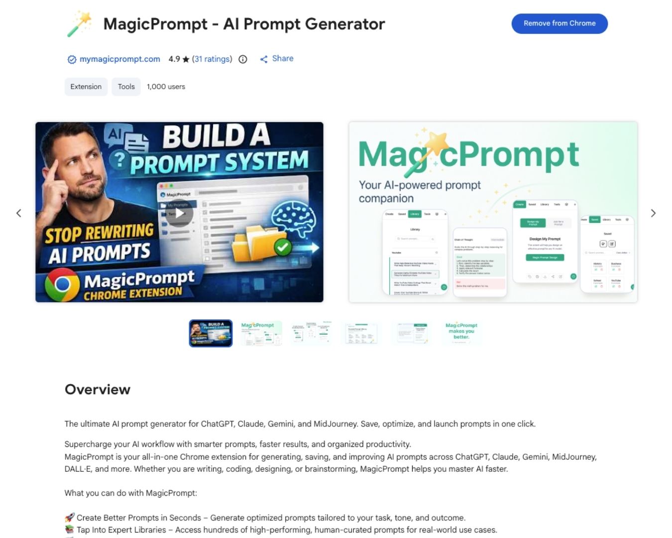 MagicPrompt AI Prompt Generator listing on the Chrome Web Store