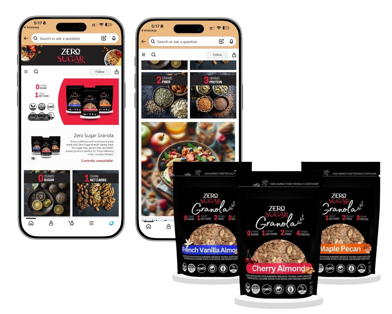 Zero Sugar Granola packaging and Amazon A+ content on mobile
