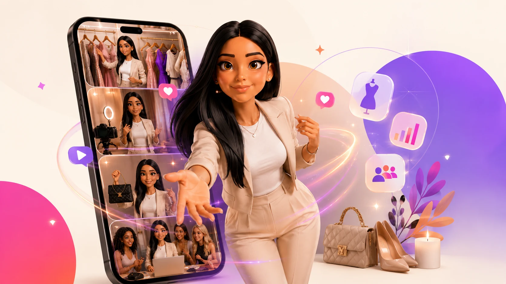 Una influencer animada mostrando contenido de moda