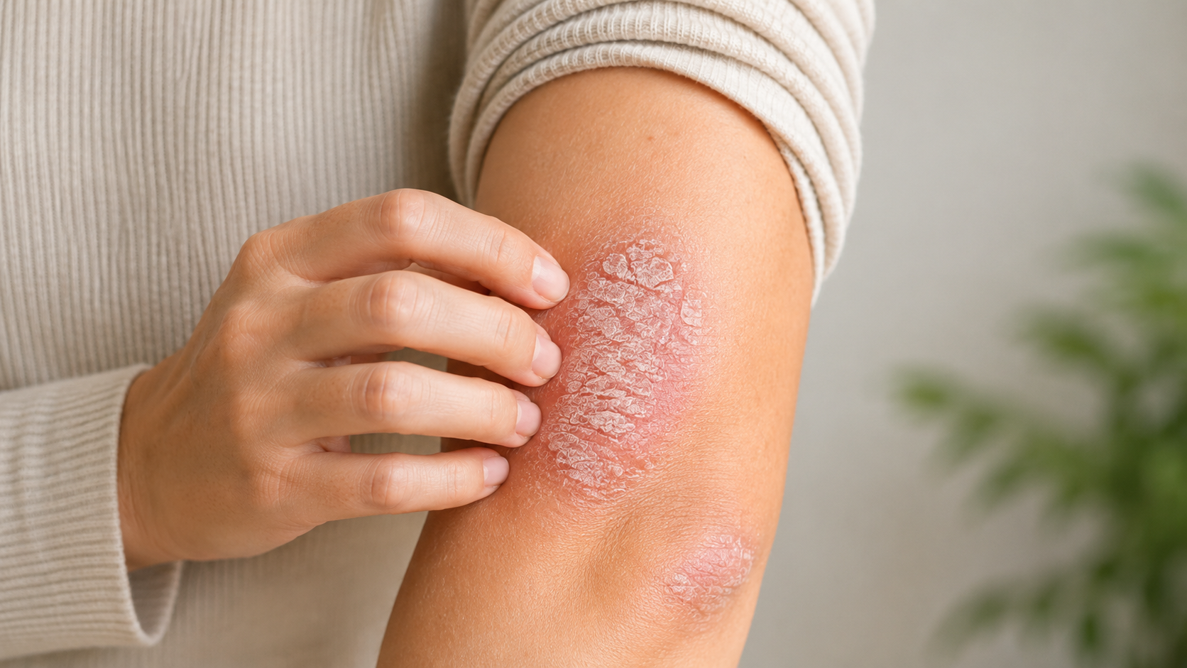 Person with raised, scaly psoriasis plaques on the skin