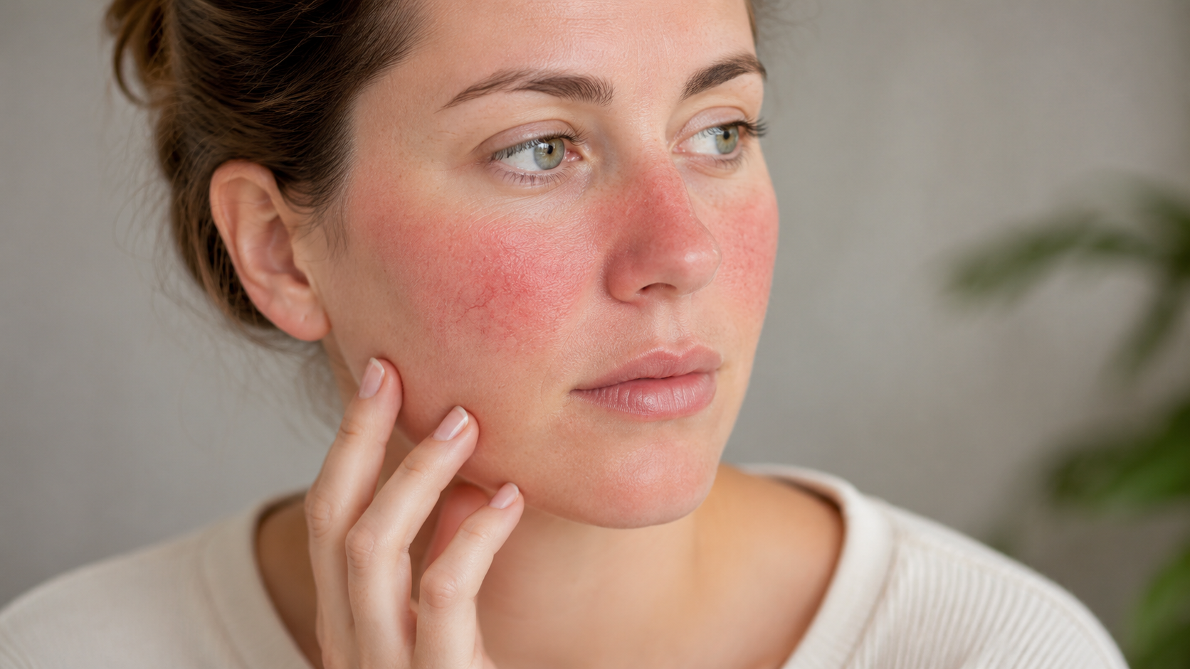 Woman with facial redness on the cheeks consistent with rosacea