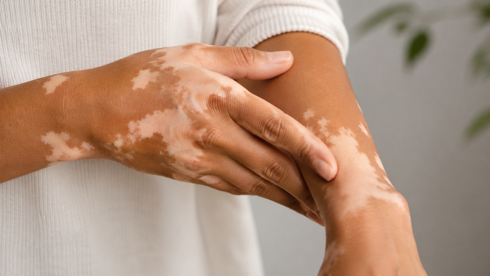 Person with depigmented patches of skin consistent with vitiligo