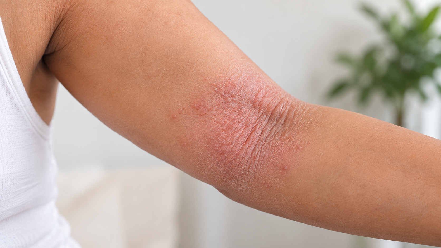 Dry, red, scaly skin in the crease of an arm