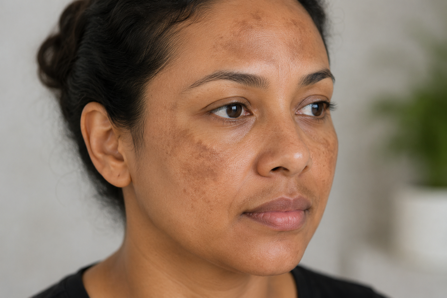 Woman with facial hyperpigmentation consistent with melasma