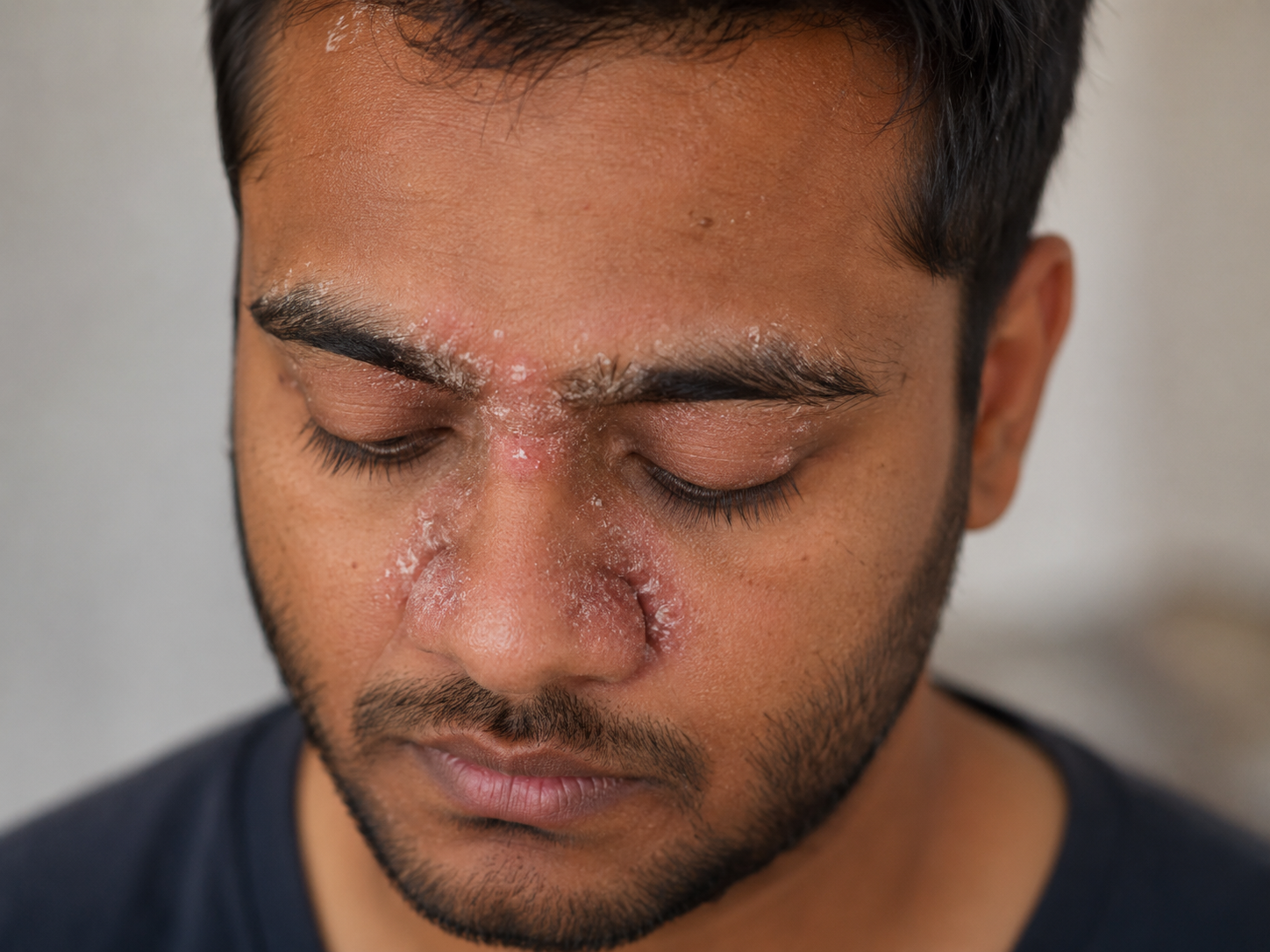 Man with seborrheic dermatitis affecting the face and scalp