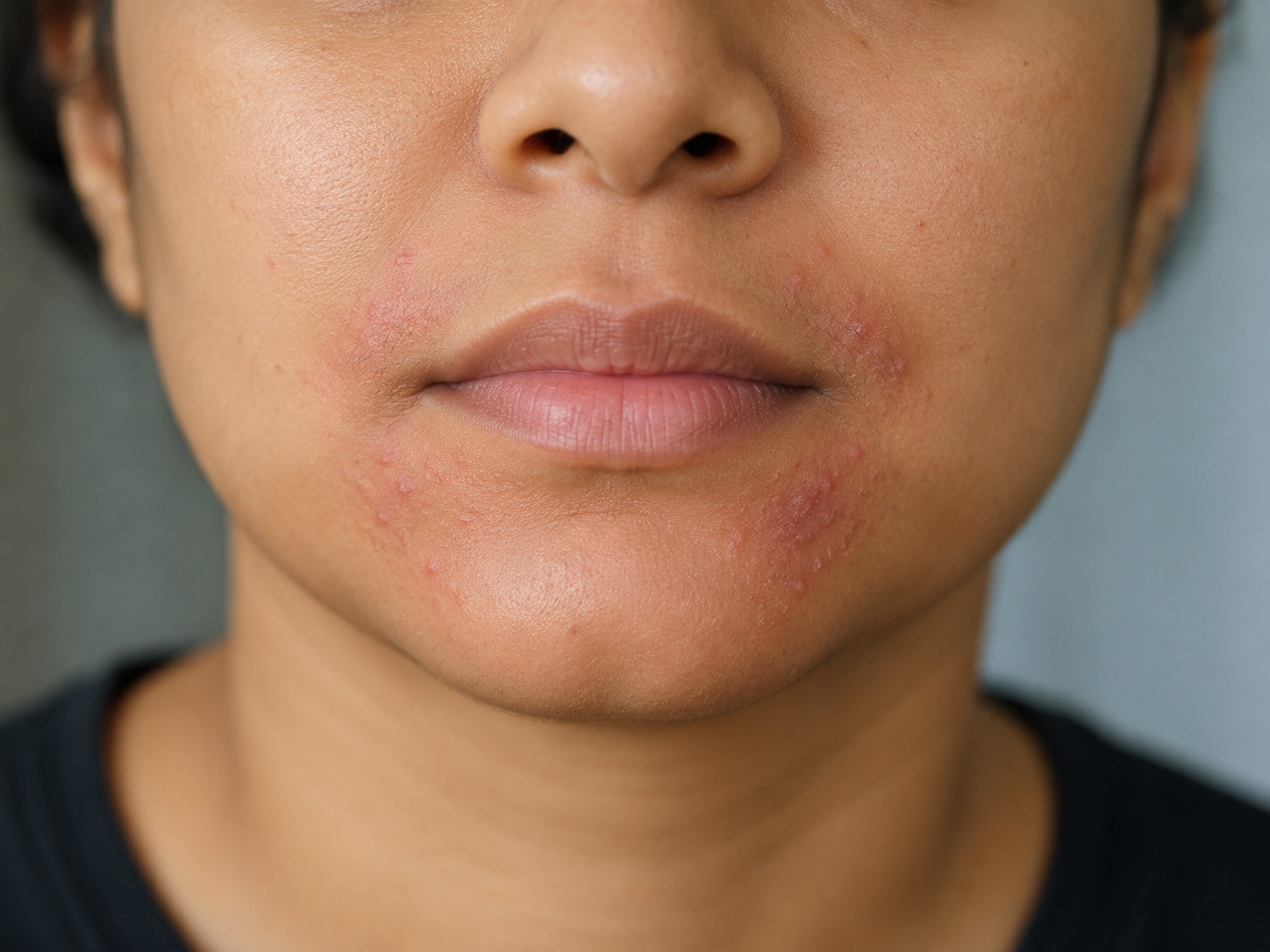 Woman with inflammatory breakouts around her mouth consistent with perioral dermatitis