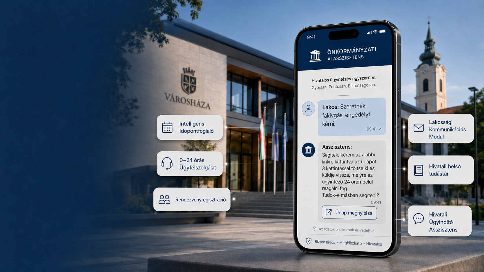 AI Ügyintéző és lakos digitális önkormányzati felület előtt, modern hivatalban AI Ügyintéző és lakos digitális önkormányzati felület előtt, modern hivatalban
