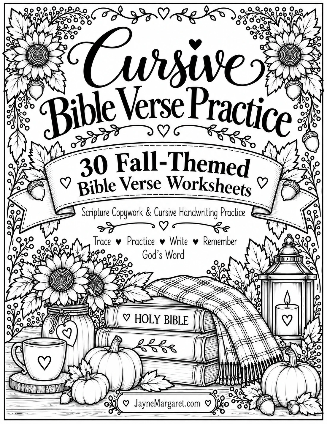 Fall-themed Bible verse cursive practice sheets — 30 printable pages