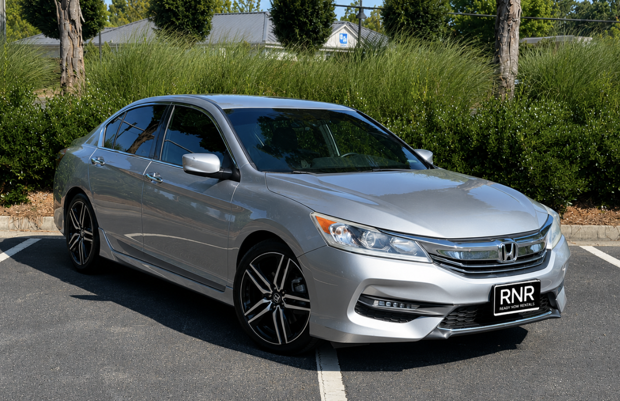 Silver Honda Accord Sport in Ready Now Rentals livery, front three-quarter view