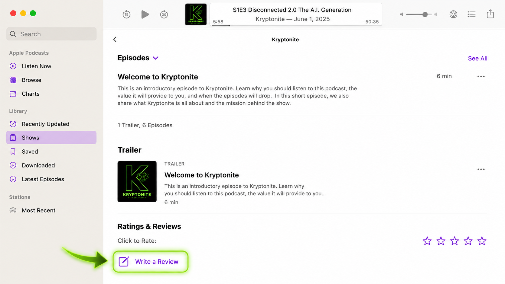 Write a Review in Apple Podcasts on Mac