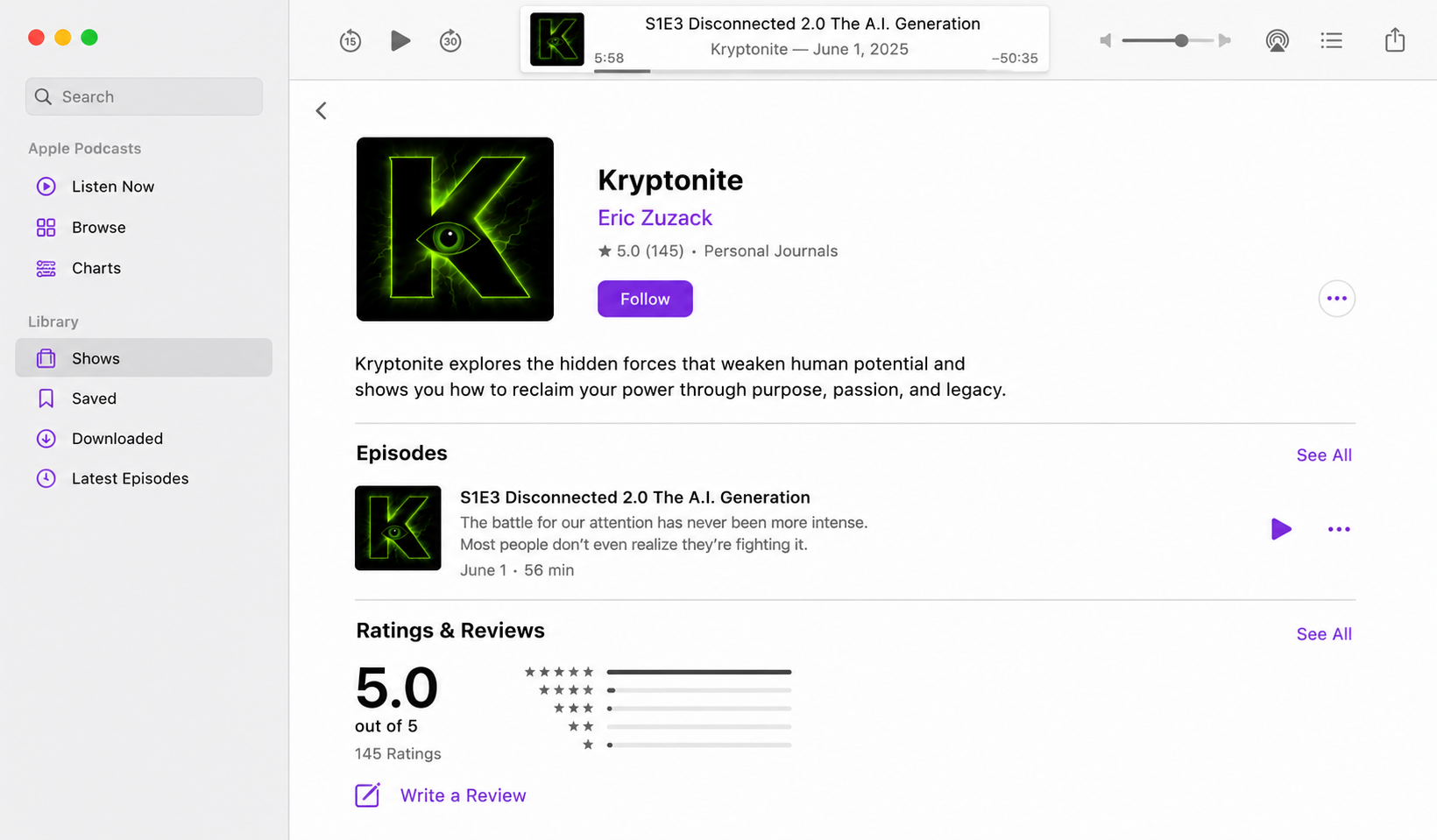 Search for Kryptonite in Apple Podcasts on Mac