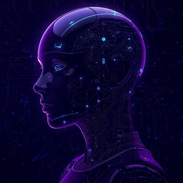 A futuristic profile illustration of a humanoid robot with glowing purple circuitry and digital patterns integrated into its head and neck, set against a dark technological background.