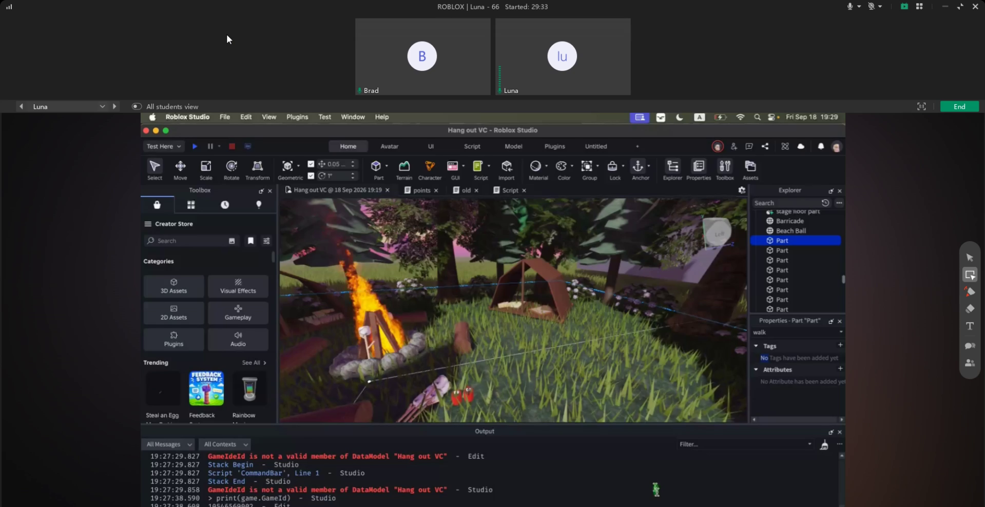 Student Roblox Studio project created during a live coding lesson