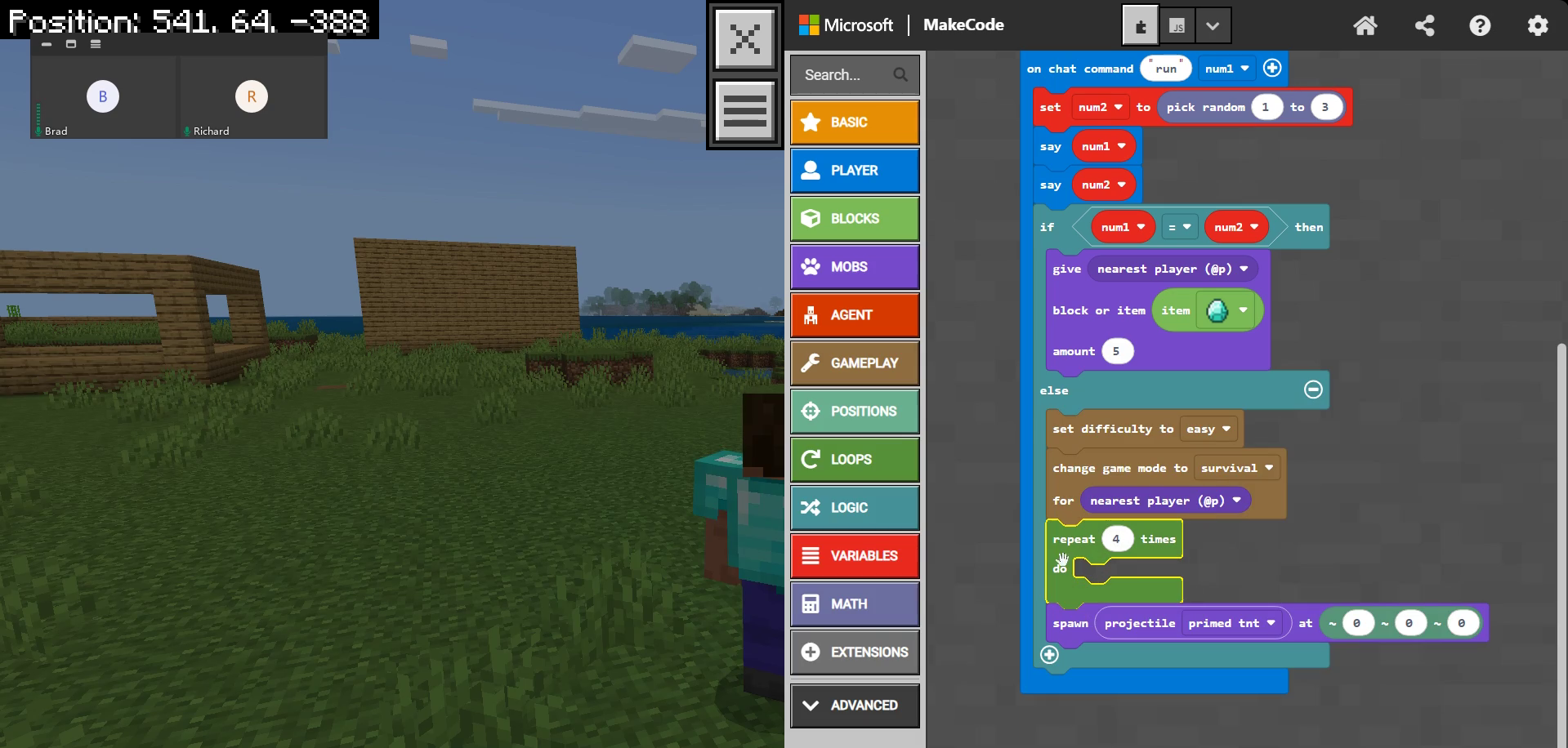 Minecraft Education and Microsoft MakeCode block-based coding lesson
