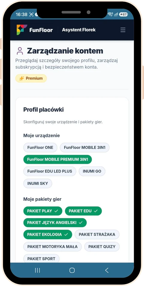Profil placówki w aplikacji Asystent Florek – wybór urządzenia FunFloor i pakietów gier
