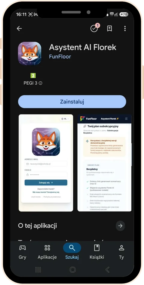 Strona aplikacji Asystent AI Florek w Google Play z przyciskiem Zainstaluj