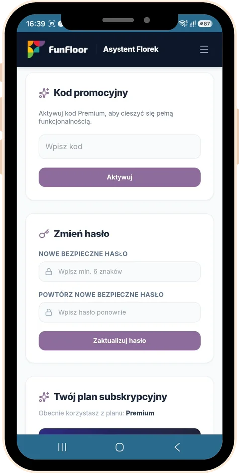 Ustawienia aplikacji Asystent Florek – aktywacja kodu promocyjnego, zmiana hasła i aktualny plan subskrypcyjny