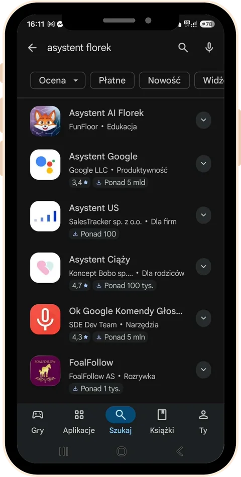 Sklep Google Play – wyniki wyszukiwania „asystent florek” z aplikacją Asystent AI Florek na pierwszym miejscu