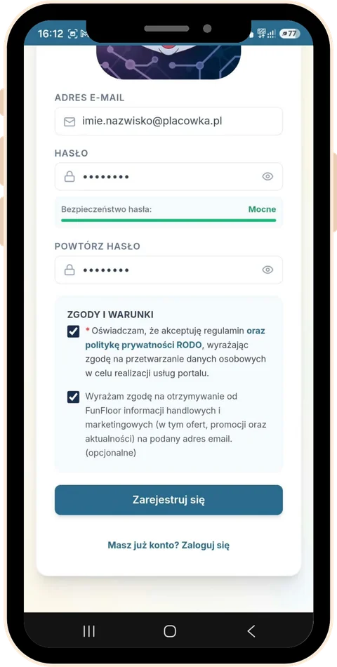 Ekran rejestracji w aplikacji Asystent Florek – e-mail, hasło i zgody
