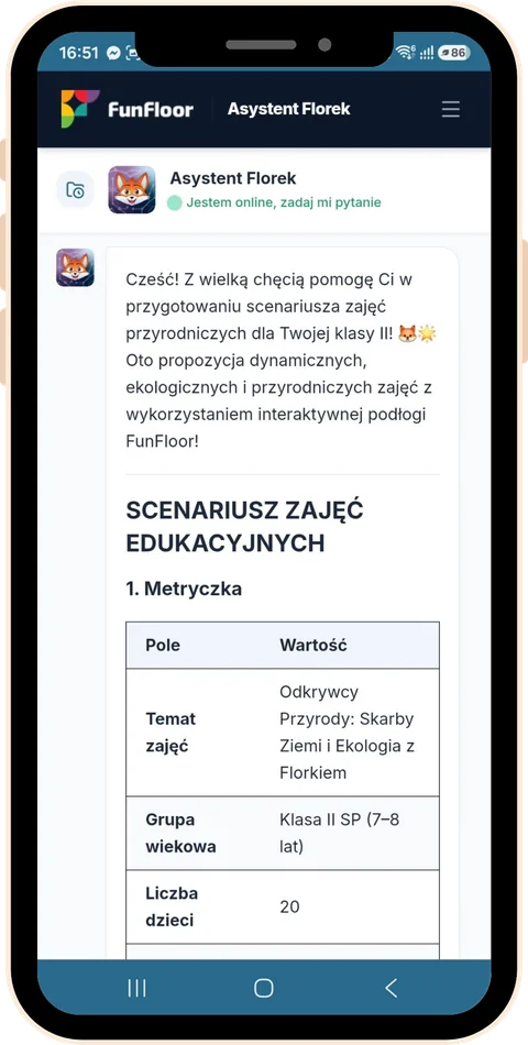 Wygenerowany scenariusz zajęć edukacyjnych z metryczką: temat, grupa wiekowa, liczba dzieci