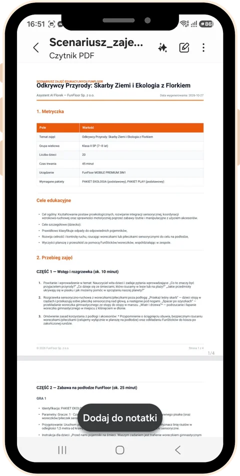 Pobrany scenariusz zajęć w formacie PDF otwarty na telefonie
