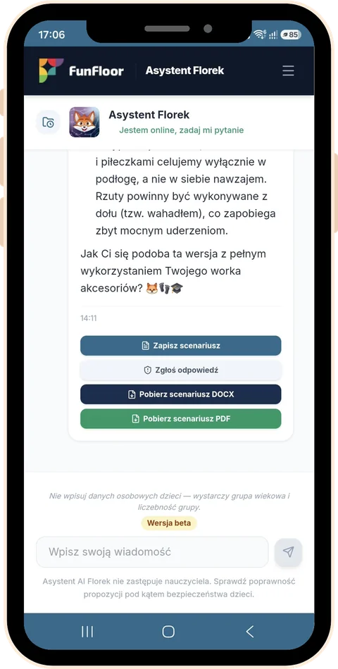 Przyciski pod scenariuszem w aplikacji Asystent Florek: Zapisz scenariusz, Pobierz scenariusz DOCX i PDF