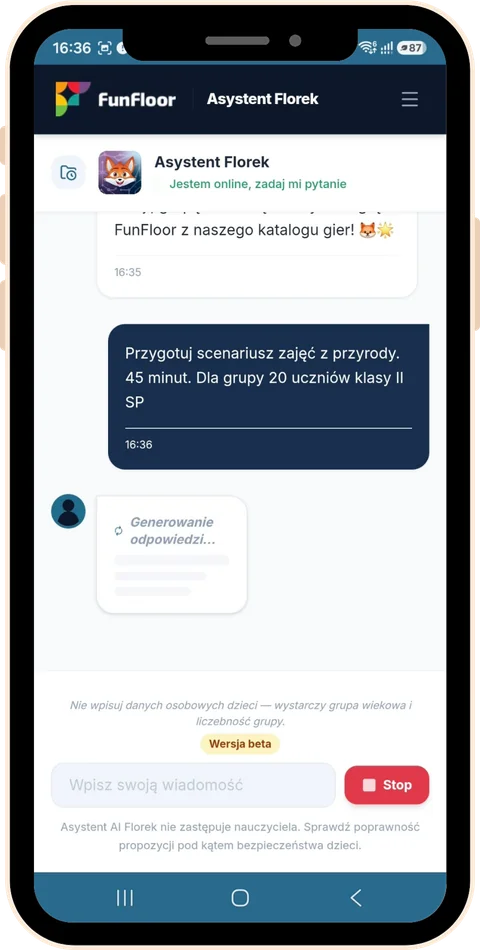 Czat z Asystentem Florkiem – zapytanie o scenariusz zajęć z przyrody dla klasy II, 45 minut, 20 uczniów