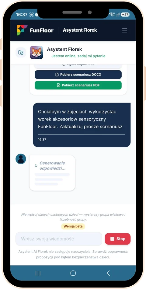 Czat z Asystentem Florkiem – prośba o uwzględnienie w scenariuszu worka akcesoriów sensorycznych FunFloor