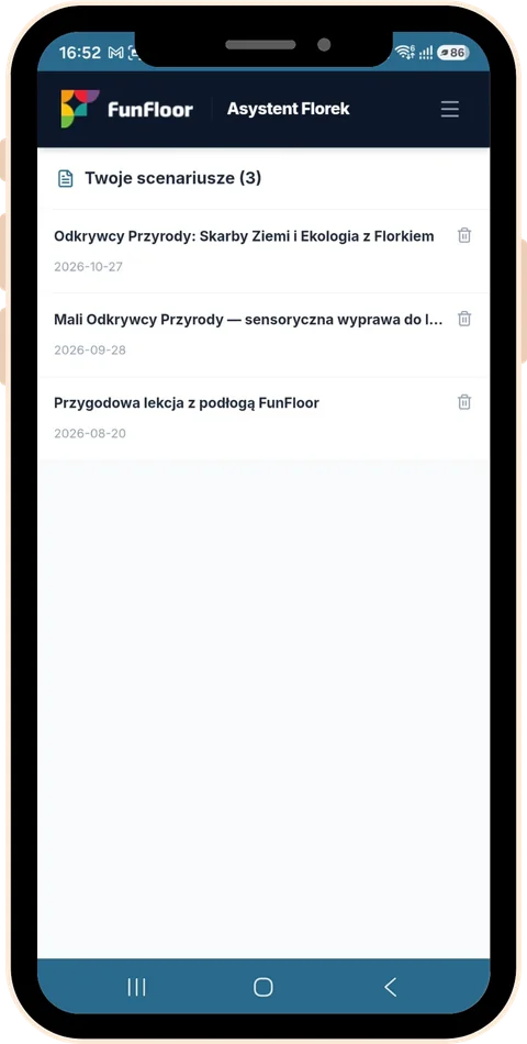 Archiwum w aplikacji Asystent Florek – lista zapisanych scenariuszy z datami