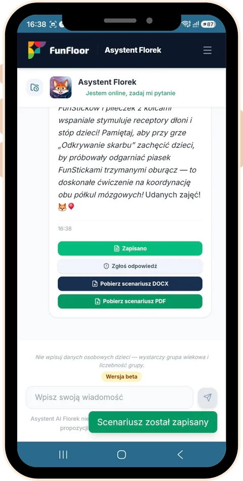 Scenariusz zapisany w aplikacji Asystent Florek – przycisk Zapisano i komunikat Scenariusz został zapisany