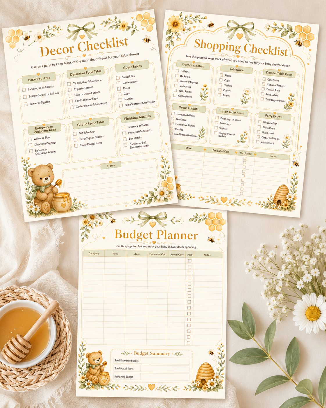 Honey Bear Baby Shower Planner pages