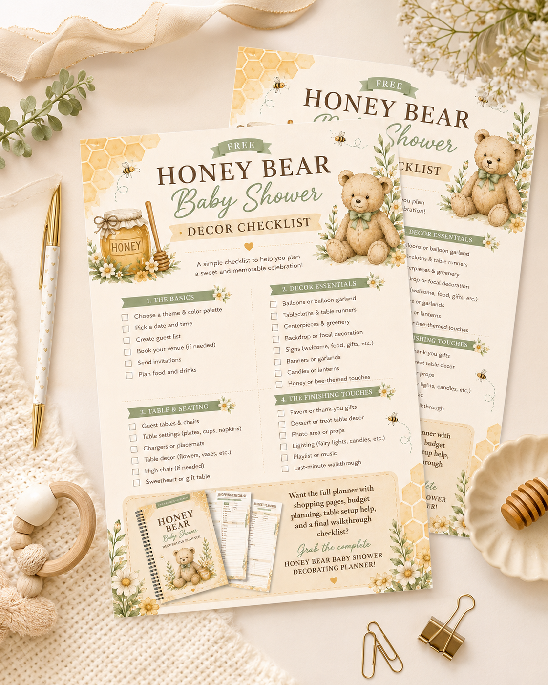 Honey Bear Baby Shower Decor Checklist styled desk mockup