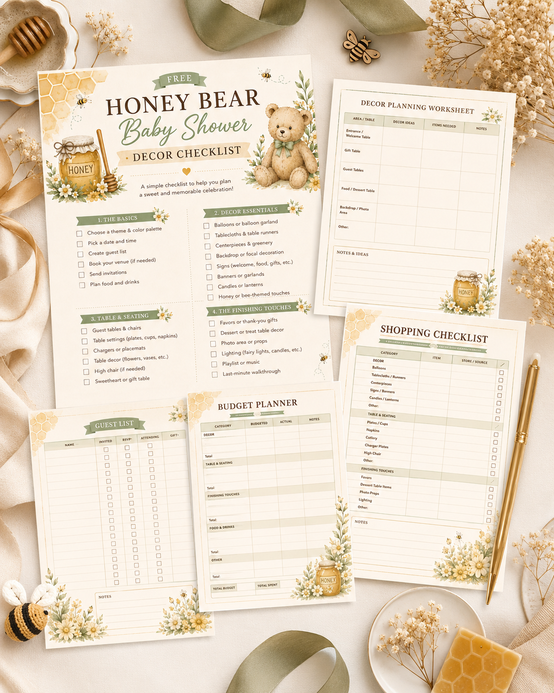 Free Honey Bear Baby Shower Decor Checklist pages mockup