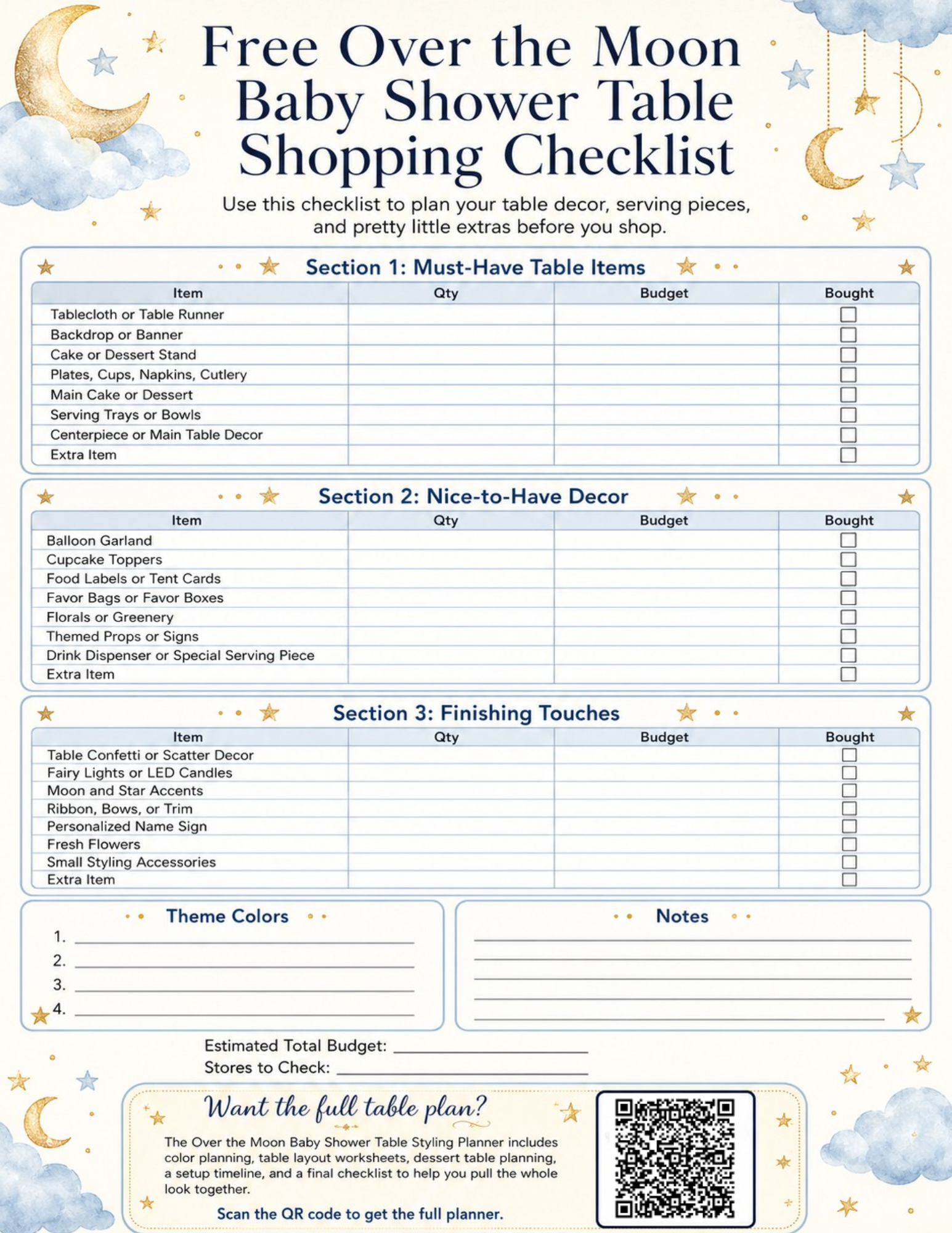 Free Over the Moon Baby Shower Table Shopping Checklist