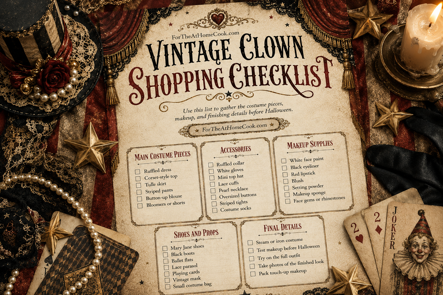 Close-up of Vintage Clown Costume Checklist printable
