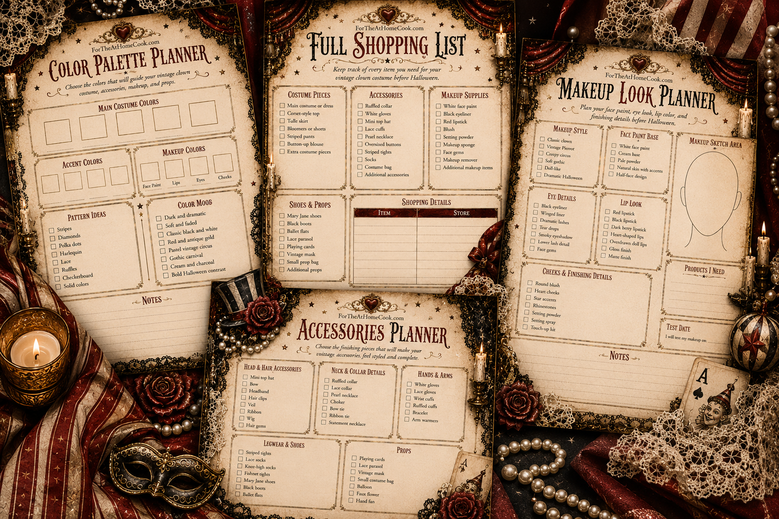 Close up of Vintage Clown Costume Planner Bundle pages