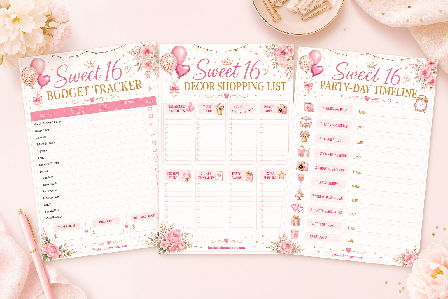 Sweet 16 printable planner pages preview