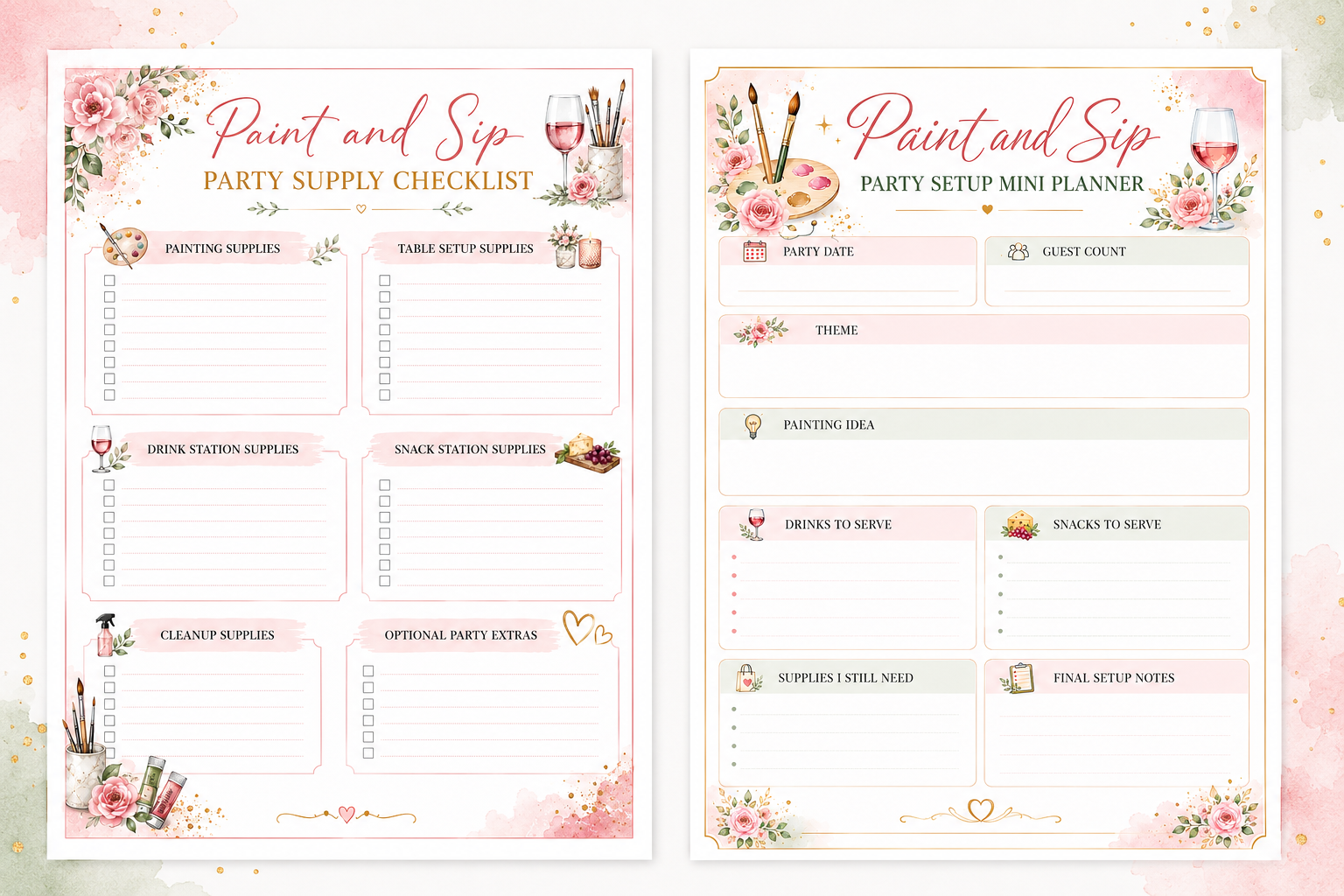 Inside pages of the Paint and Sip Party Planning Checklist