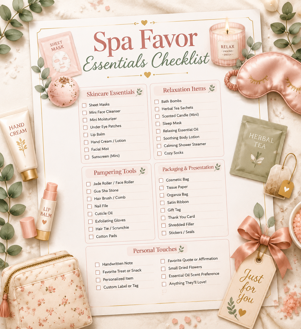 Spa Favor Bag Checklist Printable Pages
