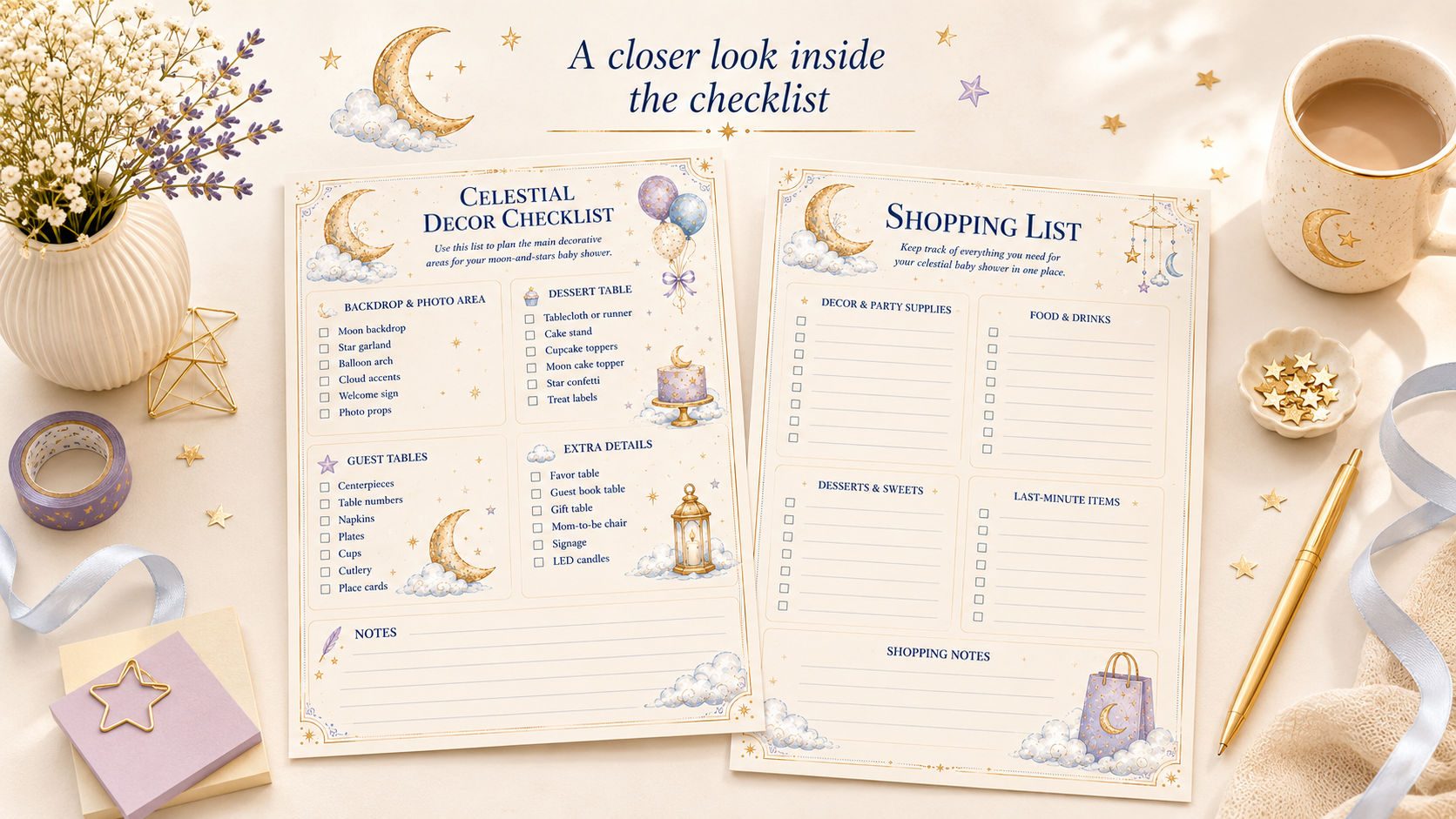 Interior pages preview of the free baby shower checklist